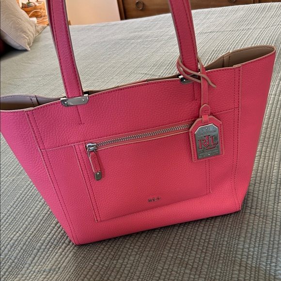 Lauren Ralph Lauren Newberry Medium Vibrant Pink Pebbled Tote Bag - Picture 3 of 14